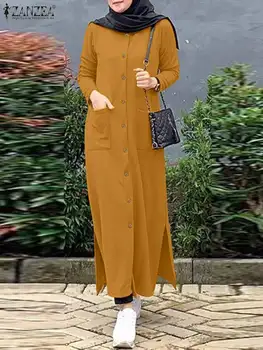 2023 ZANZEA Női Hosszú Ujjú Alkalmi Szilárd Póló Ruha, Divat Muzulmán Ramadan nyári Ruha Köpeny Femme Laza Gombok Abaya Vestido