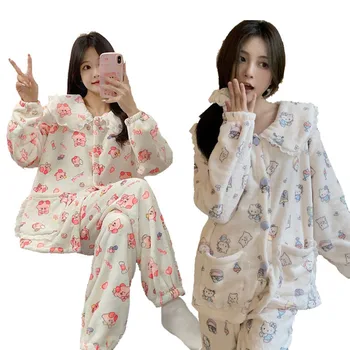 Aranyos lány, megvastagodott meleg plüss pizsama szett rajzfilm anime hellokittys Kirby alkalmi laza lányos szív otthon ruhák nőknek