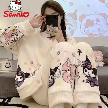 Aranyos Sanrio Cinnamoroll A Dallam, a Nők Korall Bársony Pizsama Lányos Anime Őszi Téli Bő Kardigán Megvastagodott Homewear