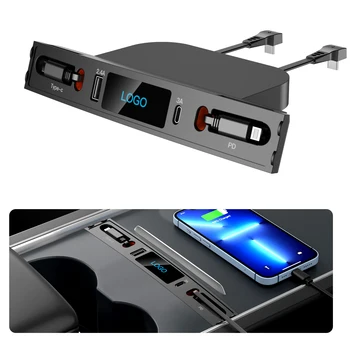Autós USB Töltő Multi Port 2021 2022 2023 Tesla Model 3/Y,Multifunkcionális Tesla Tartozékok a Logó, valamint Visszahúzható Kábel
