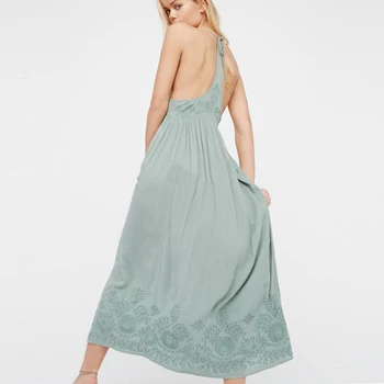 Bohém ruha 2017 Évjárat elegáns zöld pamut virágos Hímzett pánt szexi nyári ruha maxi Hippi női ruha hosszú ruha