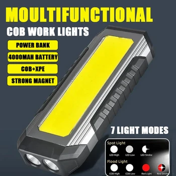 COB Munka Fény USB Újratölthető LED-es Zseblámpa Power Bank 18650 Hordozható Kemping Lámpa Mágnes Vízálló Lámpás 4000mAh