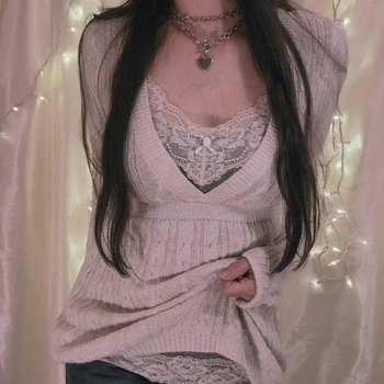 Fairycore Grunge Kötöttáru Kawaii Hosszú Ujjú 2000-es évek Vintage Pullovers V-nyakú Y2K Esztétikai Nők Őszi Téli póló Streetwear