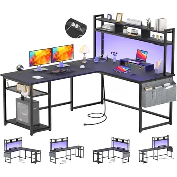 L-Alakú Íróasztal Konnektorba & LED Szalag, Megfordítható Sarok Számítógép / Játék Íróasztal Tároló Polc & Monitor Állvány